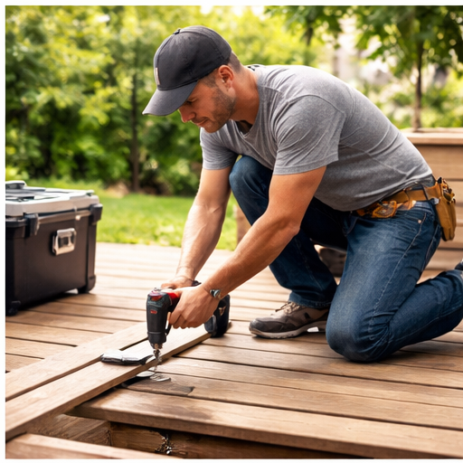 Handyman repairing deck boards outdoors in Hampton Falls, NH 03844